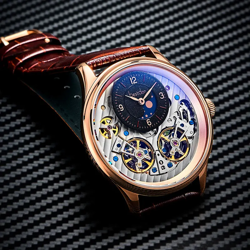 Rose-black-leather Bestdon Мужские автоматические механические часы с двойным Tourbillon, водонепроницаемые швейцарские часы со скелетом, мужские роскошные Брендовые Часы 7164 - Цвет: Rose-black-leather