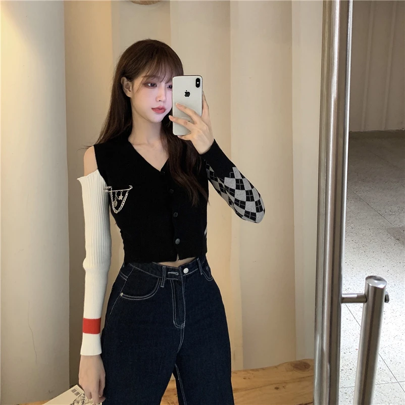 

Spring and Autumn Fashion Personality Strapless Asymmetrical Stitching Senior Show Girl Knitted Cardigan Jacket Top Autumn Girl