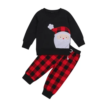 激安 クリスマスの幼児新生児子供少女の少年のスーツ漫画サンタクロースプルオーバーtシャツチェック柄弾性長ズボンカジュアル服