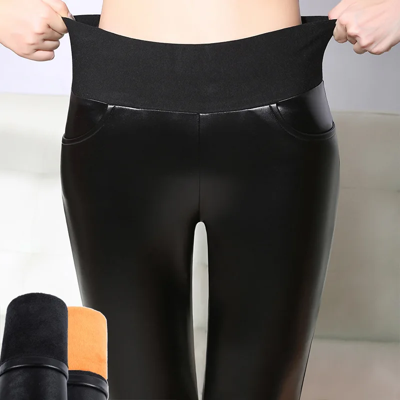 

2019 Winter Plus Velvet Thick High Waist PU Leather Pants Plus Size 5XL 6XL 100KG Stretch Pencil pants Warm black trousers
