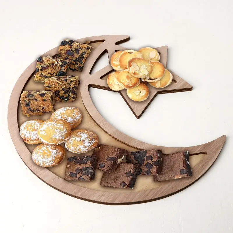 

Rustic Wooden Crescent Moon Srar Eid Ramadan Party Food Serving Tableware Dessert Pastry Tray Display Holder Decor Ornament