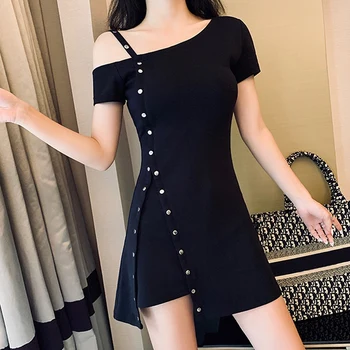 

Dress Women Autumn New Sexy Strapless Irregular Slim Fashion T-shirt Dress Solid Color Rivet Mini Dress Vestidos