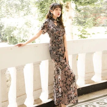 

Fashion new lace petal modified cheongsam retro mid-length dress
