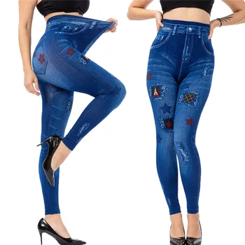 

Women Fashion Imitation Denim Jeans Ladies Plus Size Leggings Casual High Waist Slim Elastic Pencil Pants