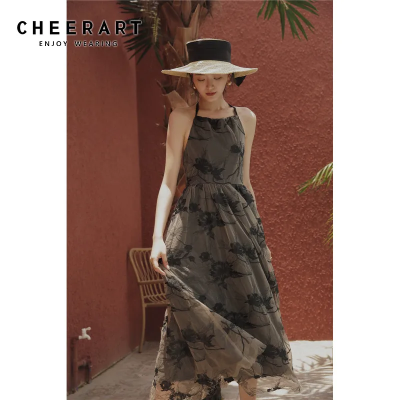 

Cheerart Mesh Spaghetti Strap Dress Summer Backless Ladies Open Back Long Dress Floral A Line Dresses For Women
