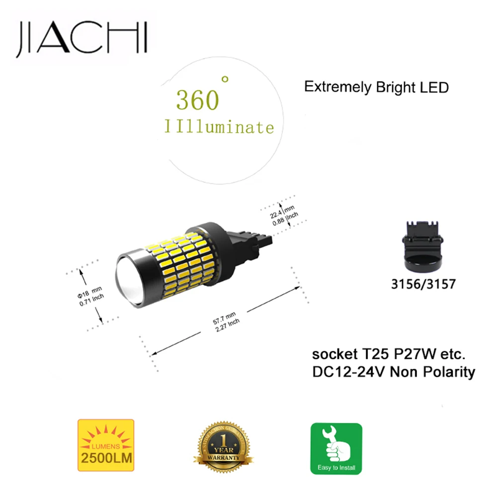 JIACHI 100 шт./лот T25 3157 светодиодный лампы P27 7 Вт 3156 P27W 4014SMD 102 чипы светодиодный светильник для авто стоп-сигнал светильник белый 12-24V