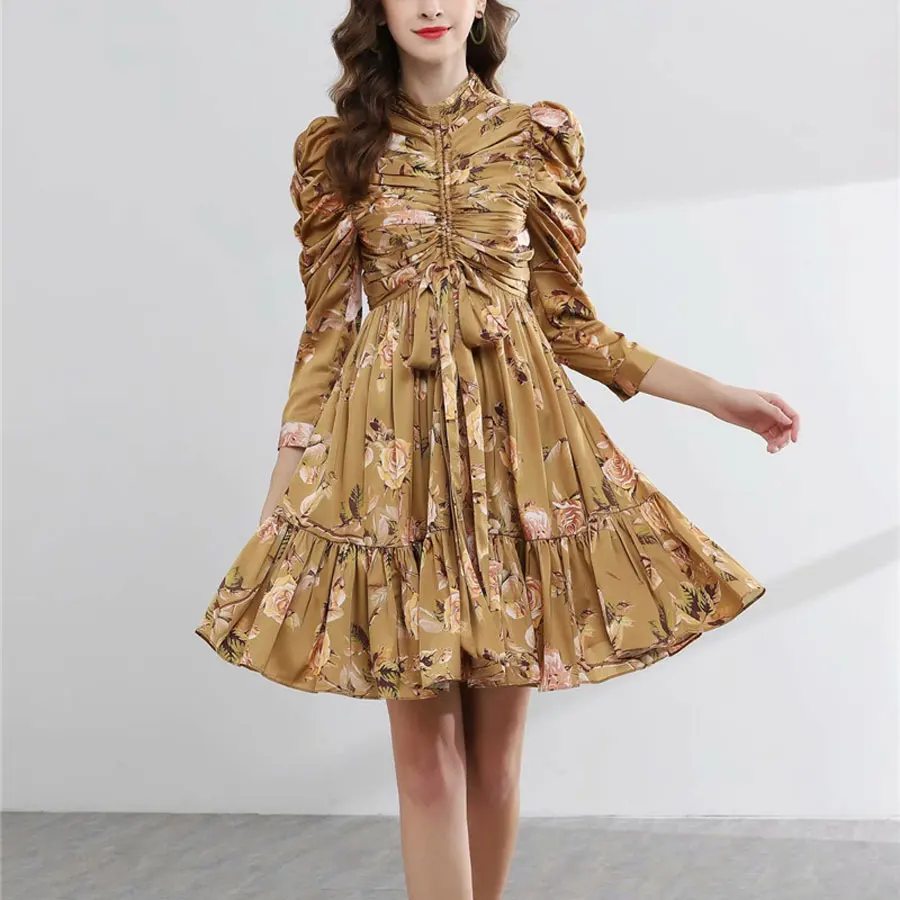 

2019 New Arrival Women Vintage Dress Long Sleeve Fold Style Stand Collar Mini Dress Good Quality Ruffled Flower Printed Dresses