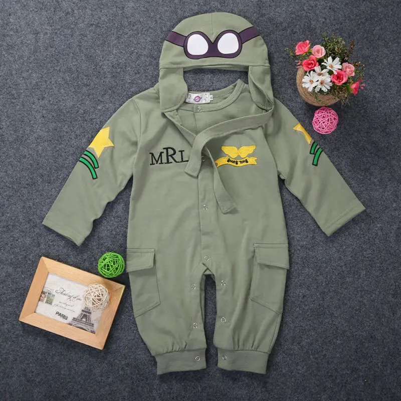 PUDCOCO Newborn Toddler Baby Boy Pilot Sets Children Clothes Rompers+Hat Cap 2Pcs Outfits Green Novelty |