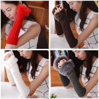 

Fashion Winter Warm Long Section Hemp Pattern Half Finger Gloves Female Imitation Rabbit Hair Arm Set Long Wool Long Gloves