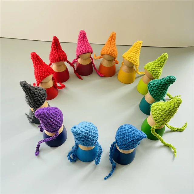 12pcs Rainbow Peg Dolls with Knitting Hat Baby Pretend Play People Figures Shape Montessori Wooden Educational Toys for Children 5