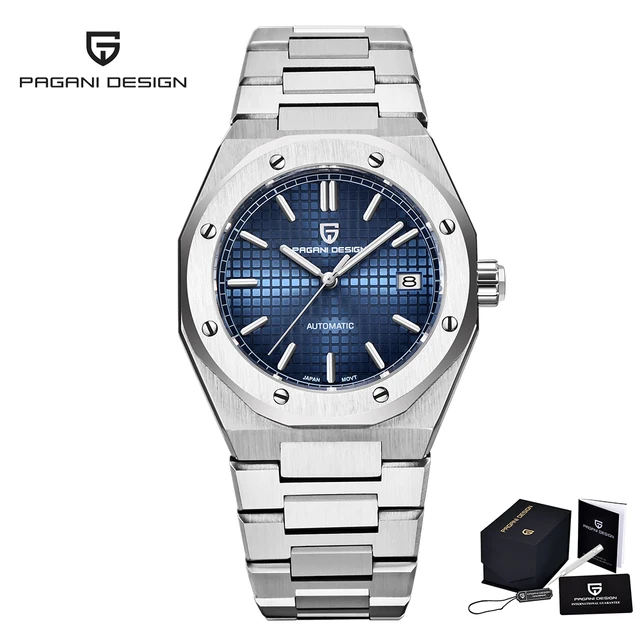 PAGANI DESIGN New 2021 Men's 40mm Stainless Steel Clock Seiko NH35A Automatic Date 100m Waterproof Wristwatch Relogio Masculino Silver Blue