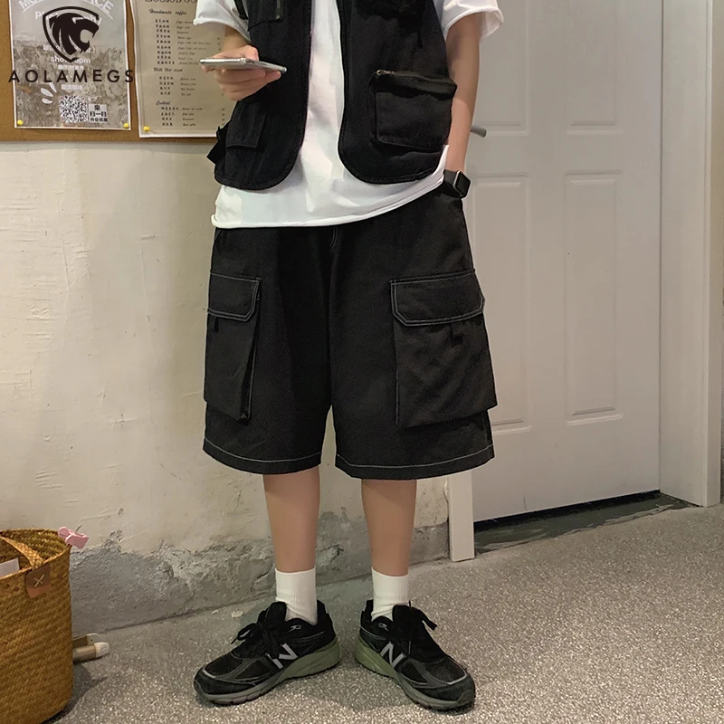 

Aolamegs Men shorts Japanese Retro Solid Color Casual Big Pocket shorts Hip Hop Harajuku Cozy Baggy Cargo Pant Summer Streetwear