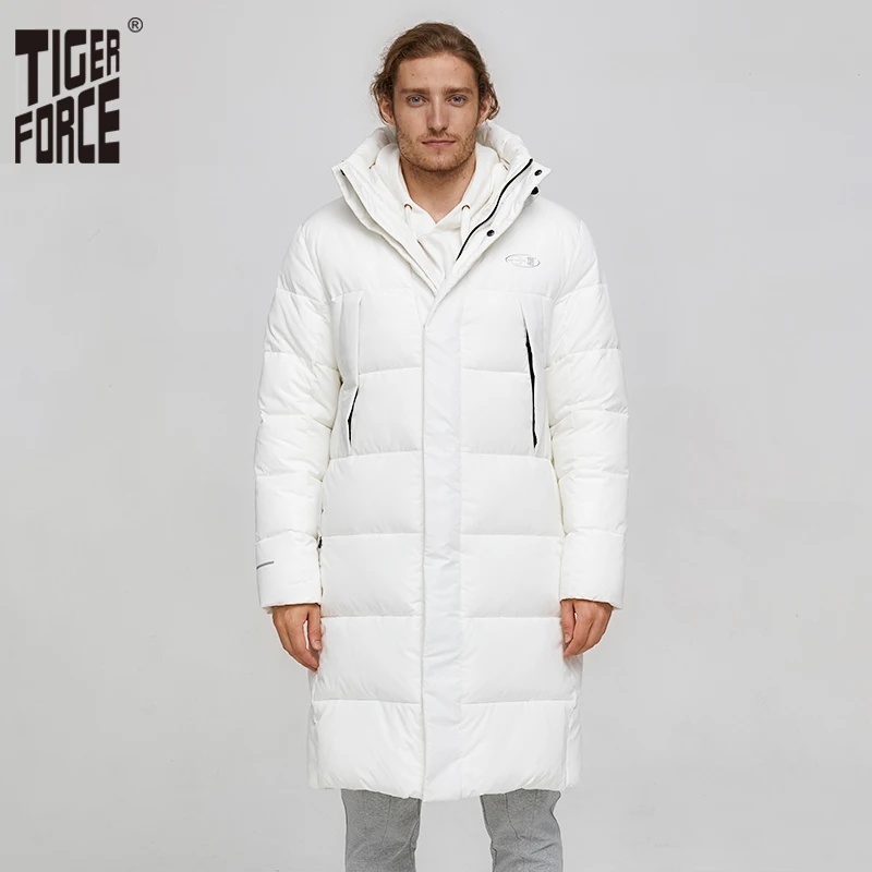 

Tiger Force Winter Jacket For Men Long White Warm Coat Male Puffy Jacket Mens Hooded Jackets Black Zipper Windproof Overcoat