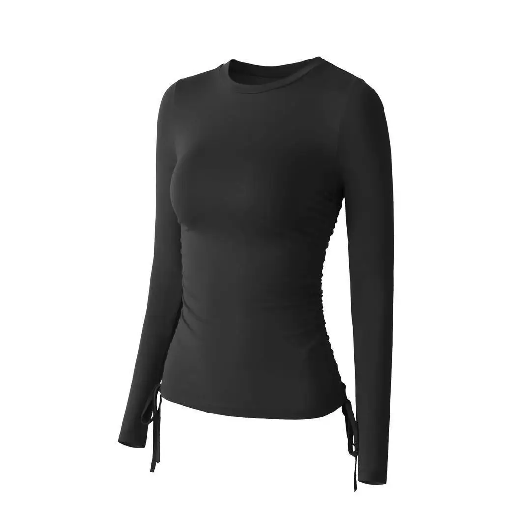 Side Drawstring Long Sleeves Autumn Winter Women O Neck Yoga Shirts Breathable Quick Dry Solid Color Running Fitness T-shirts