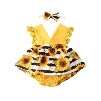 

Newborn Baby Girls Romper Dress Sunflowers Jumpsuits Headband 2pcs Clothing Set