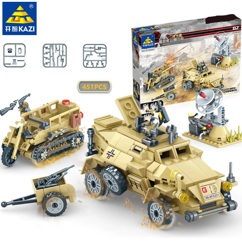 

451Pcs ARMY WW2 Caucasus Eagle Team Batisbricks SD.KFZ.221 Armored Car Motorcycle LegoINGs Building Blocks Sets Bricks Kids Toys