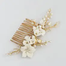 Романтические туфли ручной работы с цветочным принтом расческа для волос жемчуга и кристаллы для свадьбы аксессуары для волос, золотистый свадебное украшение