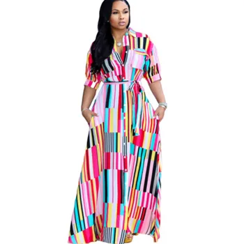 

Summer Women's Multi Striped Dress A-Line Type Turn-down Collar Half Sleeve Printed Plus Size Dress with Pockets and Lace Up