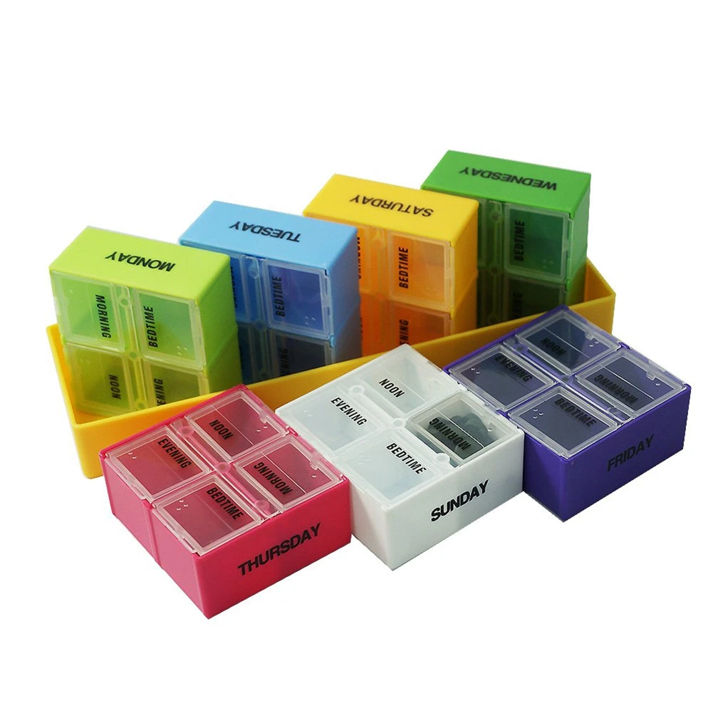 Portable 7 Days 28 Grids Colorful Rectangular Plastic Pill Box Household Pill Cases