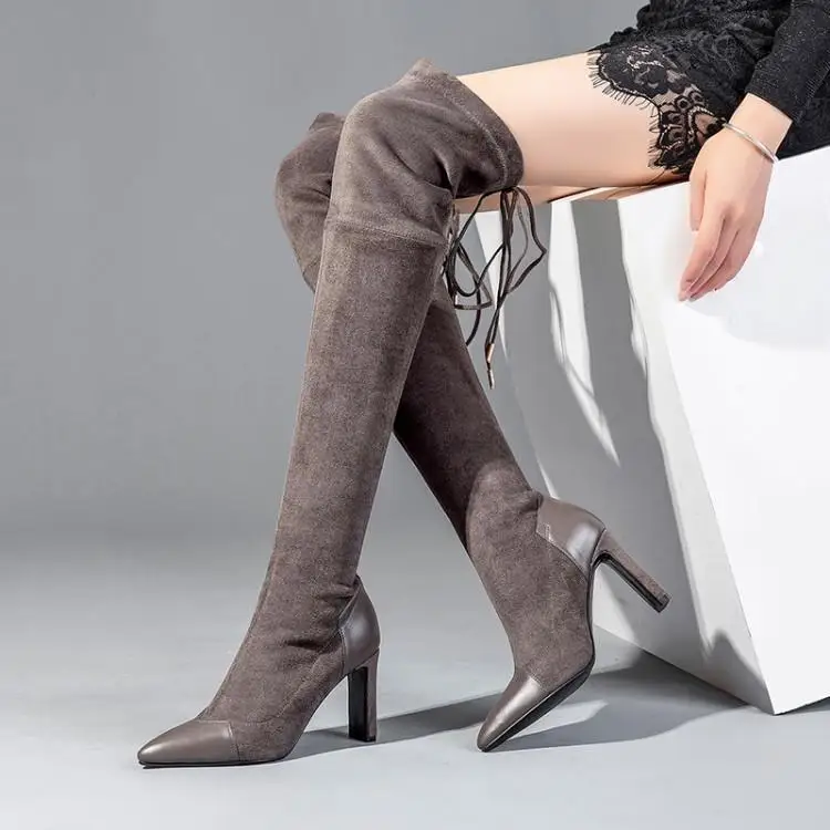 

2019 pointed thick heel knee-high boots large size elastic suede high heel female boots grey suede 8.5cm women boots winter