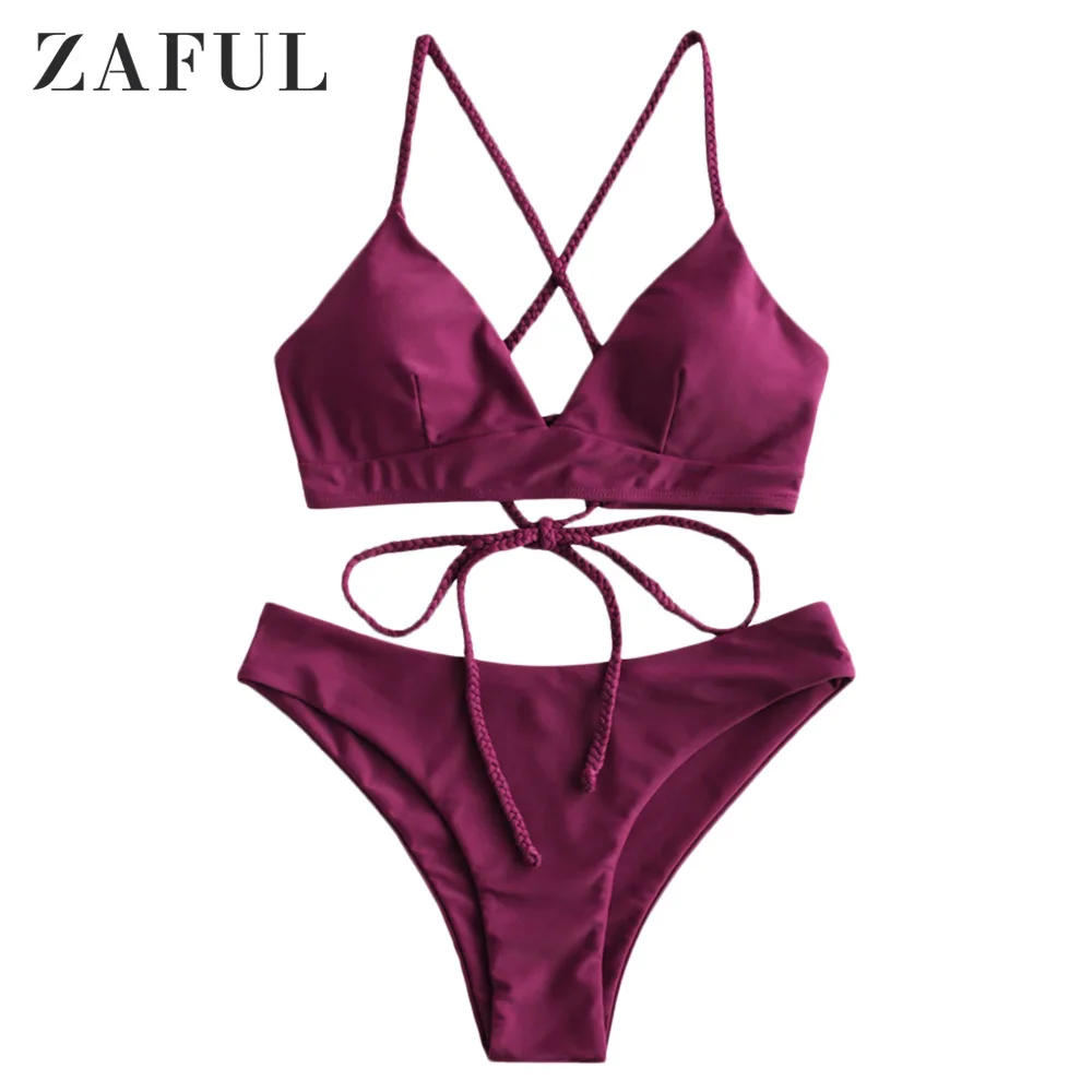 ZAFUL Braided Lace Up Padded Bikini Swimsuit Wire Free Solid Color Swimwear Padded Two Pieces Bathing Suit 2020 Fashion Summer|Bikini Set| - AliExpress
