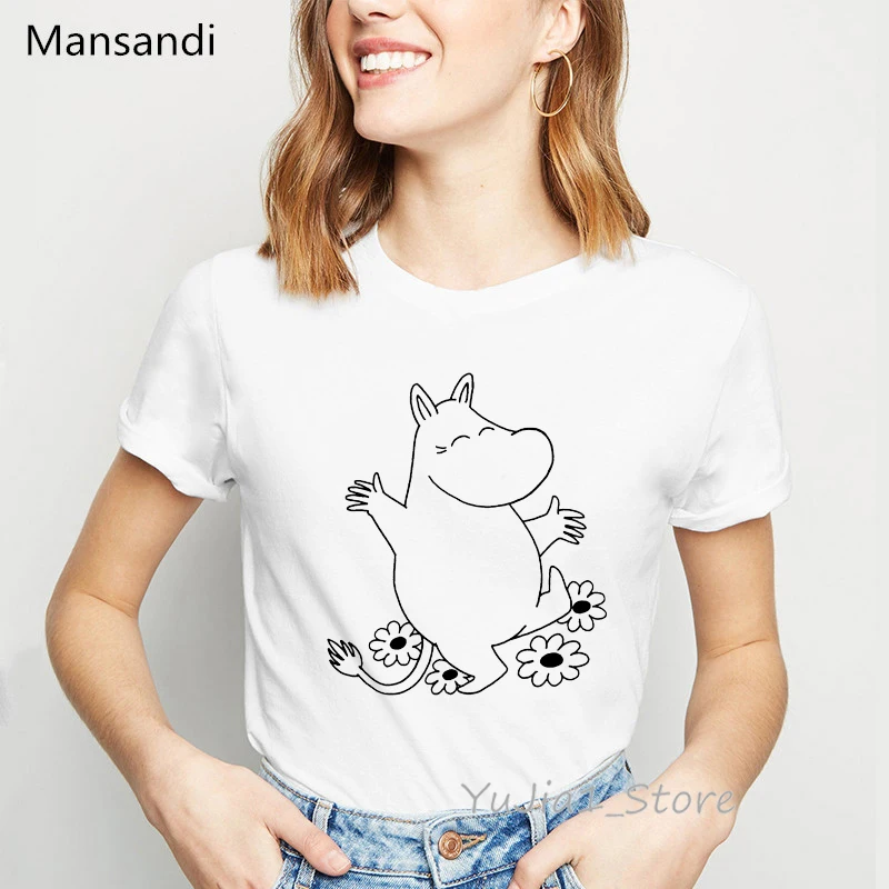 Moomins футболка с мультяшным принтом Женская harajuku kawaii одежда Забавные футболки femme корейский стиль модная футболка женская уличная одежда