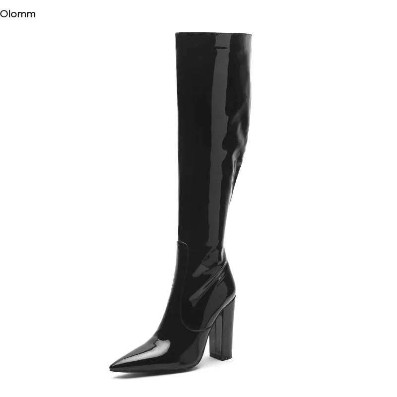 

Olomm New Handmade Women Shiny Knee High Boots Square High Heels Boots Pointed Toe Elegant Black Party Shoes Women US Size 4-12