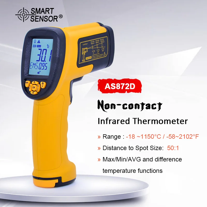 

SMART SENSOR AS872D Infrared Thermometer Industry IR Pyrometer -18~1150 Degree 50:1 Non Contact Digital Laser thermometer