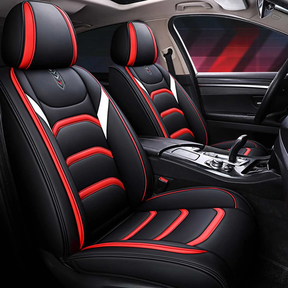 Universal Quality Deluxe Black Red PU Leather Front Car Seat Cover Padded 