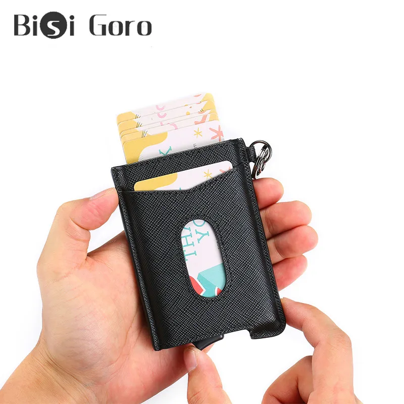 

BISI GORO 2019 Cowhide Fashion RFID Smart Wallet Card Holder Slim Anti-theft Security Holders Aluminum Box Pup Up ID Card Case