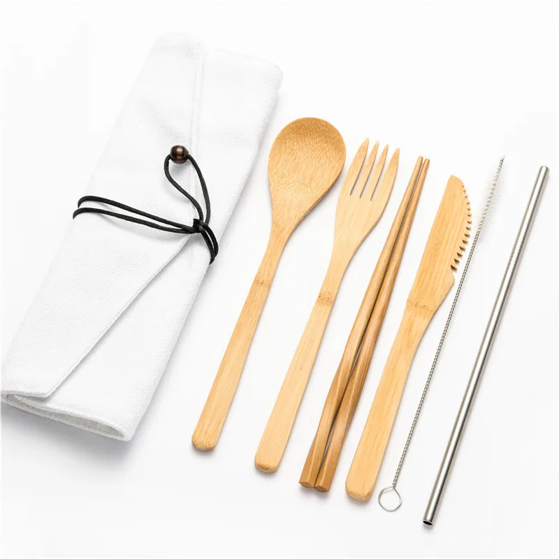 7pcs Mstraw05 7/8/10 шт./компл. бамбуковый набор столовых приборов для путешествий деревянная Ложка Вилка Ножи набор с щетка для очистки посуда набор столовых приборов ноль отходов - Цвет: 7pcs Mstraw05