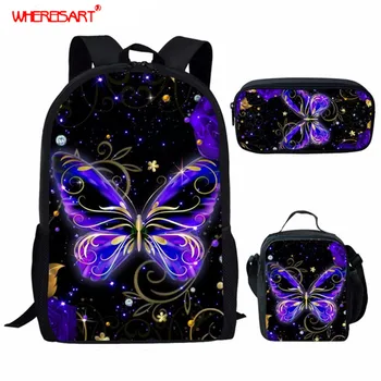 

WHEREISART 3D Butterfly Printing School Bags Sets Book Bags for Teenager Girls 3Pcs/Set Insect Design Children Canvas Backpacks