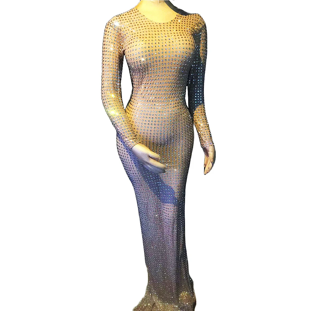 

Sparkling Full Rhinestones Floor-Length Dress Long Sleeve Backless Split Fork Dresses Nightclub Dance Wear Stage Costume Women