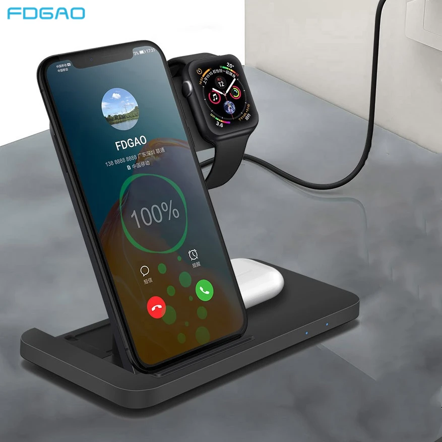 15W 3 in 1 Qi Wireless Charger Dock Station Fast Charging Stand For iPhone 12 11 XS XR X 8 Apple Watch SE 6 5 4 3 2 AirPods Pro