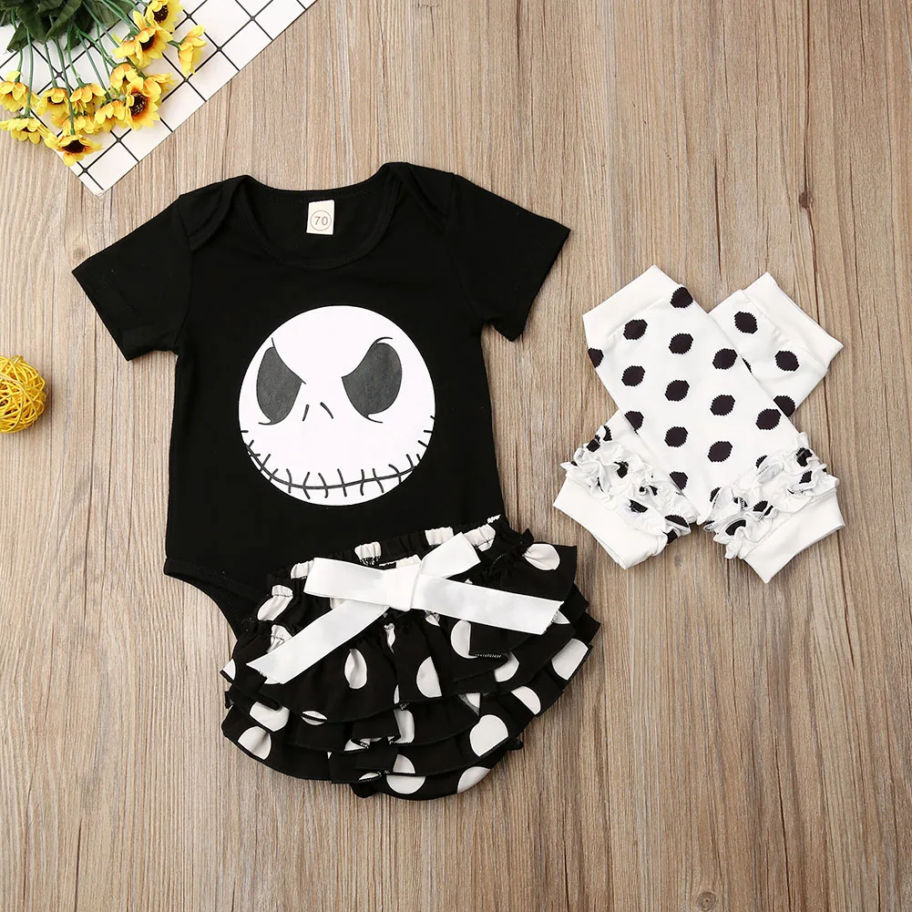 

3Pcs Newborn Infant Baby Halloween Outfit Cotton Print O-Neck Costume Romper+Dot Bowknot Shorts+Leg Warmer Sets