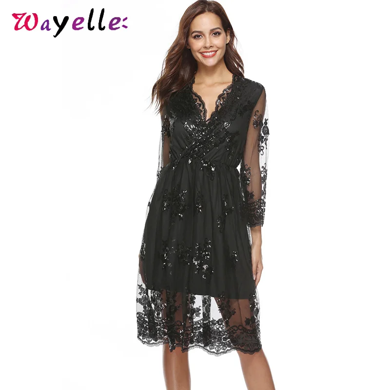 

Elegant Sequined Dresses Woman Party Night Sequined Bodycon Dress Autumn V-Neck A-Line Lace Sexy Dress Chic Long Sleeve Dress