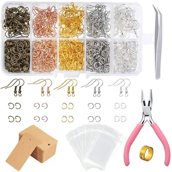 

1328 Set of Earring Making Supplies with Earring Hooks, Jumpers, Earring Clips, Pliers,Tweezers, Earring Sets, Cross Rings for