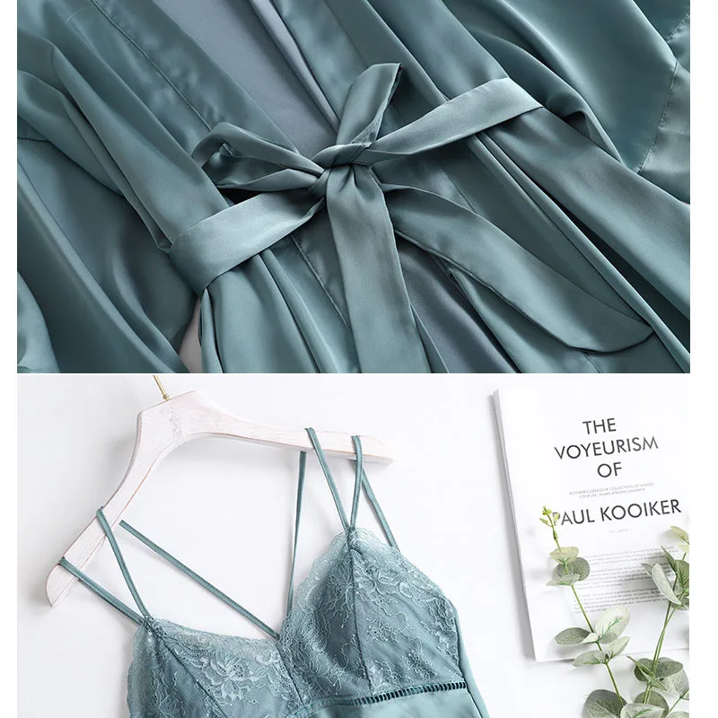 Women's Robe& Gown Set 2 Pcs Bathrobe Sleep Set Thin Home Service Nightwear Sexy Sleepwear With Chest Pads Pijamas Loungewear