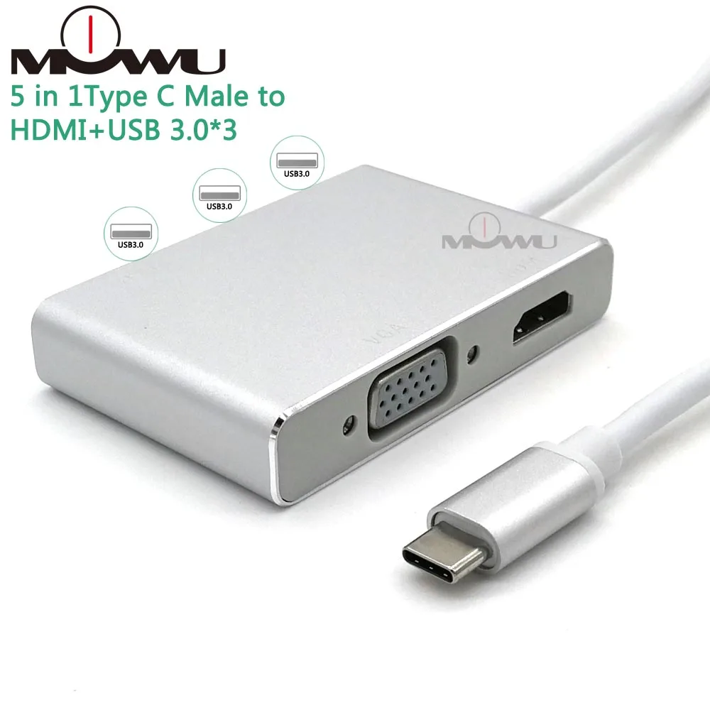 5 в 1 Тип C штекер HDMI+ VGA+ USB 3,0 Женский видео адаптер алюминиевый переходник 4K 1080P конвертер для Macbook
