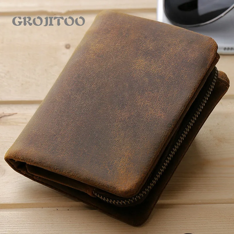GROJITOO Crazy horse Wallet Genuine Leather men wallet Cowhide leather for man large capacity multi card purse | Багаж и сумки