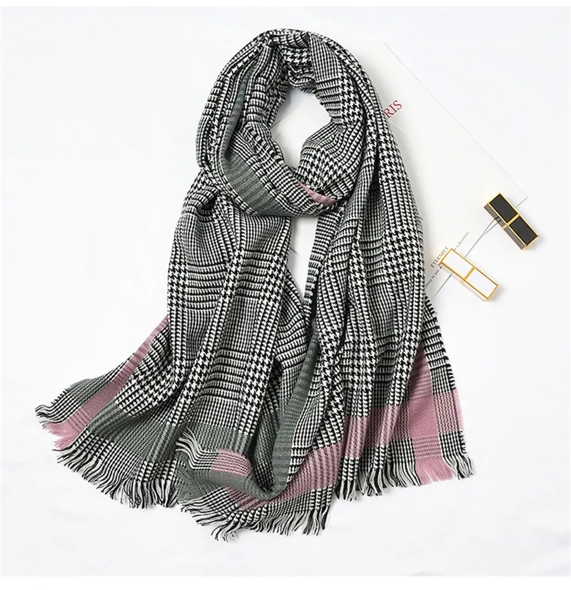 1 Cashmere Knitted Scarf Women Winter Elegant Scarf Plaid Print Warm Long Warm Design Scarves Shawls Neck Wrap Ladies Dropshipping - Цвет: 1