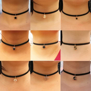 

Gothic Chokers Necklaces for Women Black Velvet Elastic Neck Jewelry Crown Pendant Necklace Moon Alloy Shell Female Neck Decor