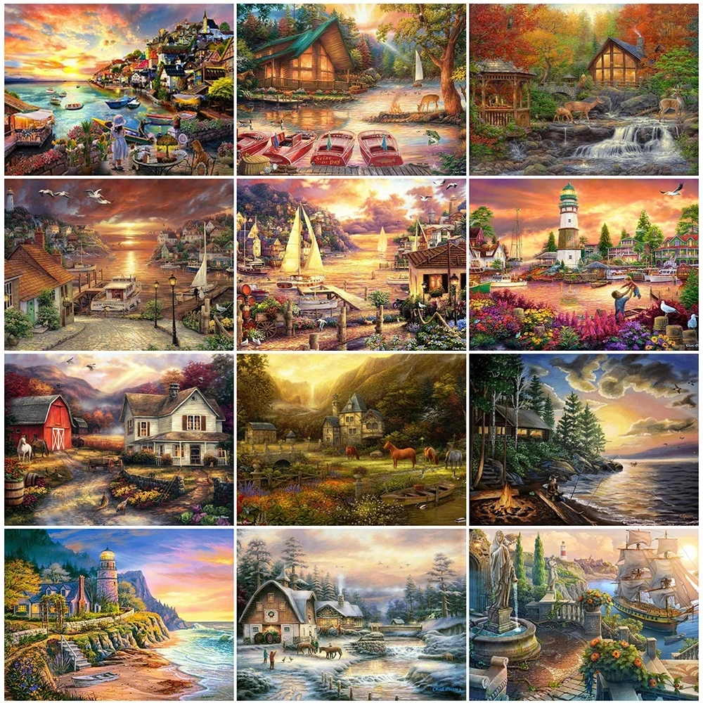 Full Square Drill 5D Diy Diamond Painting House Diamond Embroidery Sunset Picture Of Rhinestones Landscape 3D Mosaic Home Decor