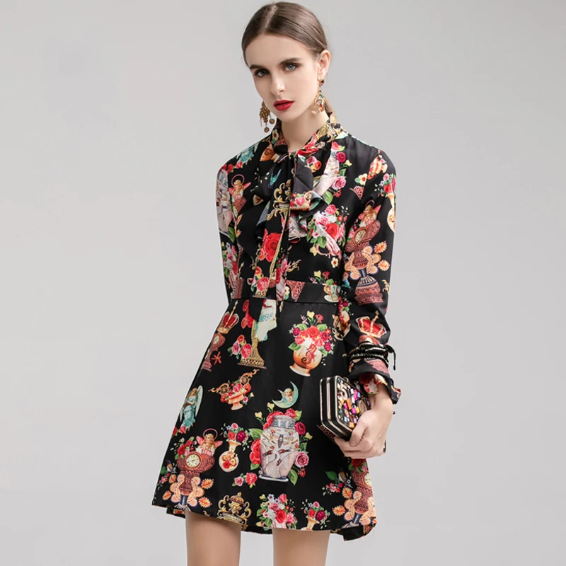 

Red RoosaRosee Autumn Designer Women Gorgeous Flower Print Long Flare Sleeve Dress Elegant Party Dresses Female Vestidos Robe