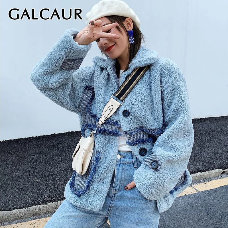 GALCAUR, лоскутные женские куртки с кисточками, хит цвета, воротник с лацканами, длинный рукав, овечья шерсть, пальто, топы для женщин,, Зимняя мода, новинка
