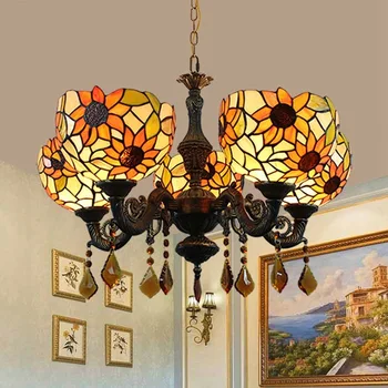 

pastoral tiffany stained glass sunflower bar 5 head crystal pendent lamp sitting room dining-room restoring ancient ways