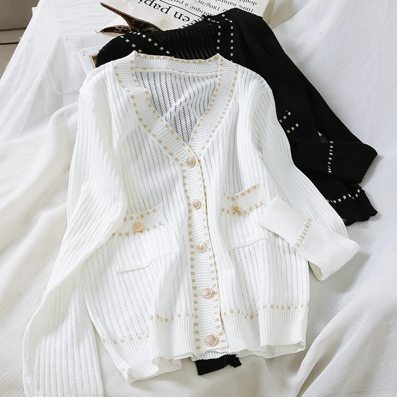 Осень винтажный однобортный женский свитер Повседневный длинный рукав белый/черный кардиганы элегантная вязанная Блузка Топы с v-образным вырезом