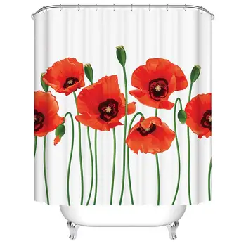 

Red Poppy Flowers Vivid Petals with Buds Pattern Digital Print Bath Shower Curtains for Bathroom,Polyester Waterproof Fabric