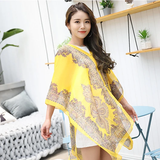 Fashion Women Scarf Shawl Poncho Printed Sunscreen Sun Protection Beach Shawl Bikini Cover Soft Comfortable Hot Sale Yellow women arm cover summer chiffon shawl driving sleeves sun protection shawl wrap scarf beach cuff shoulder sunscreen sleeves