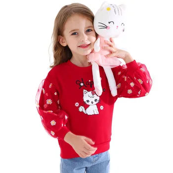 

2020 Autumn Childrens Sweater Clothing Daisy Net Gauze Pullover Cat Flower Print Girls Sweater Autumn Clothes For Kids Girl 4-8Y